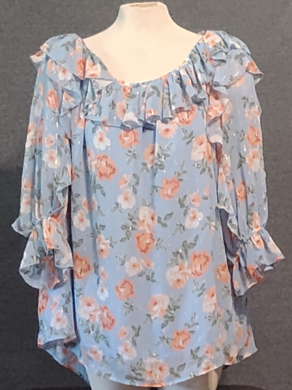 Cato Light Blue Floral Ruffle Off-Shoulder Blouse